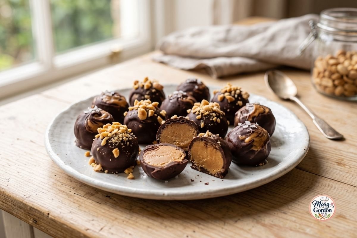 Keto peanut butter fat bombs with chocolate and chopped peanuts