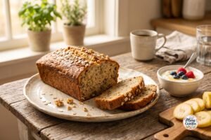 Moist homemade low calorie banana bread sliced on a rustic plate