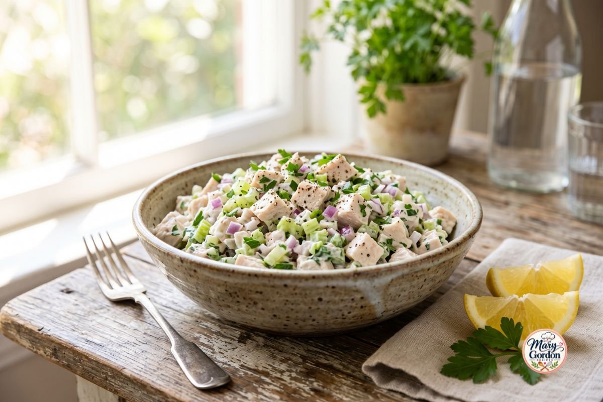 Creamy low calorie chicken salad made with chicken, Greek yogurt, celery, and fresh herbs
