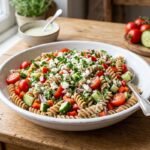 Low calorie pasta salad with whole-wheat pasta, cherry tomatoes, cucumber, bell peppers, and creamy Greek yogurt dressing