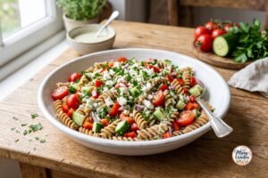 Low calorie pasta salad with whole-wheat pasta, cherry tomatoes, cucumber, bell peppers, and creamy Greek yogurt dressing