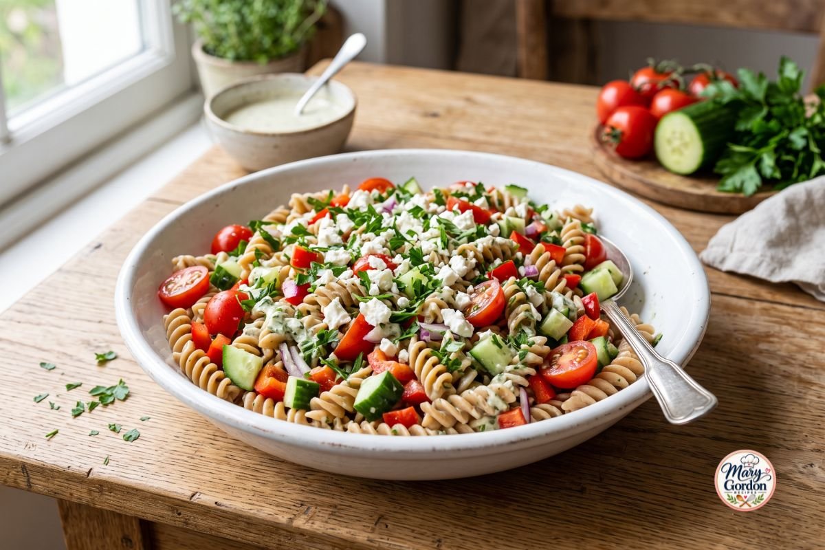 Low calorie pasta salad with whole-wheat pasta, cherry tomatoes, cucumber, bell peppers, and creamy Greek yogurt dressing