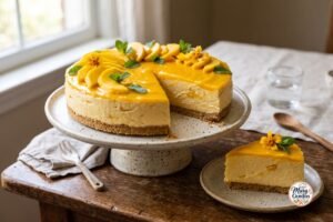 Creamy no bake mango cheesecake with fresh mango slices and buttery cookie crust