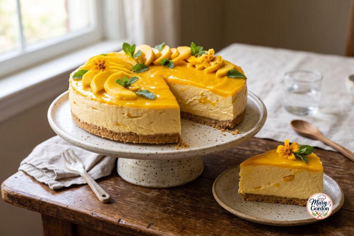 Creamy no bake mango cheesecake with fresh mango slices and buttery cookie crust