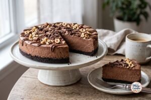 Creamy no-bake Nutella cheesecake with chocolate cookie crust and chocolate hazelnut topping