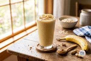 Creamy peanut butter banana smoothie in a glass with banana and peanut butter