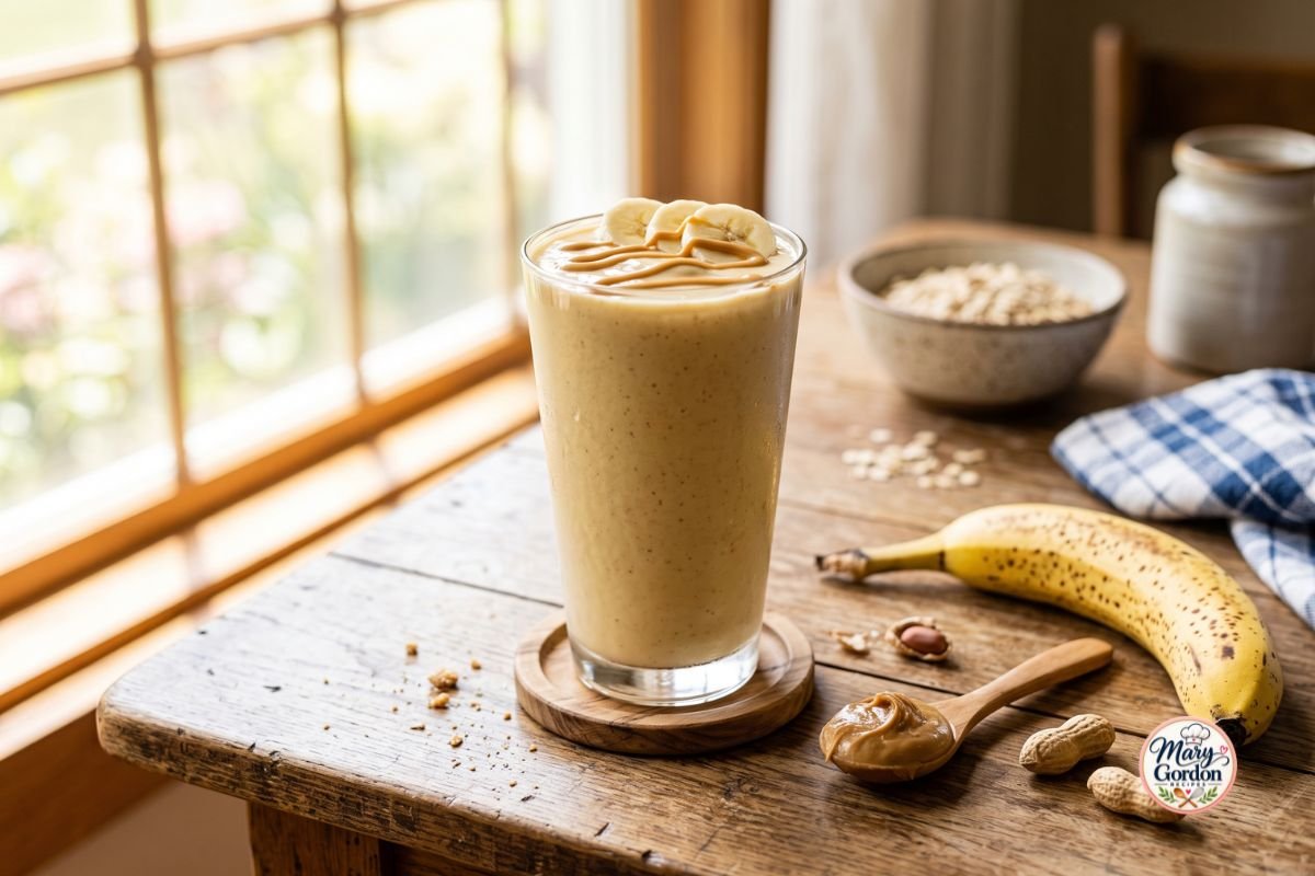 Creamy peanut butter banana smoothie in a glass with banana and peanut butter