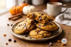 Soft homemade pumpkin chocolate chip cookies with melted chocolate chips