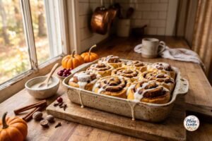Soft homemade pumpkin cinnamon rolls topped with cream cheese glaze