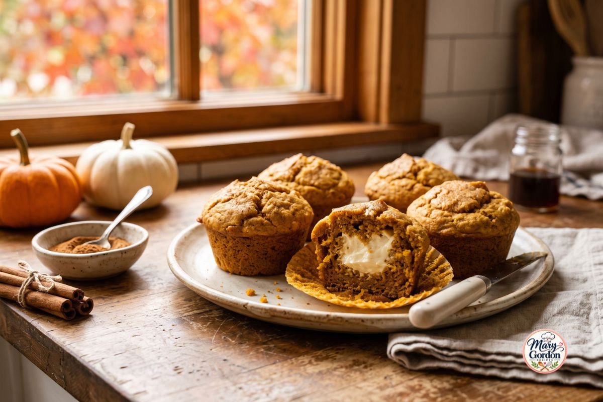 Soft homemade pumpkin cream cheese muffins with creamy filling