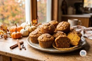 Soft homemade pumpkin muffins with warm spices served on a rustic plate