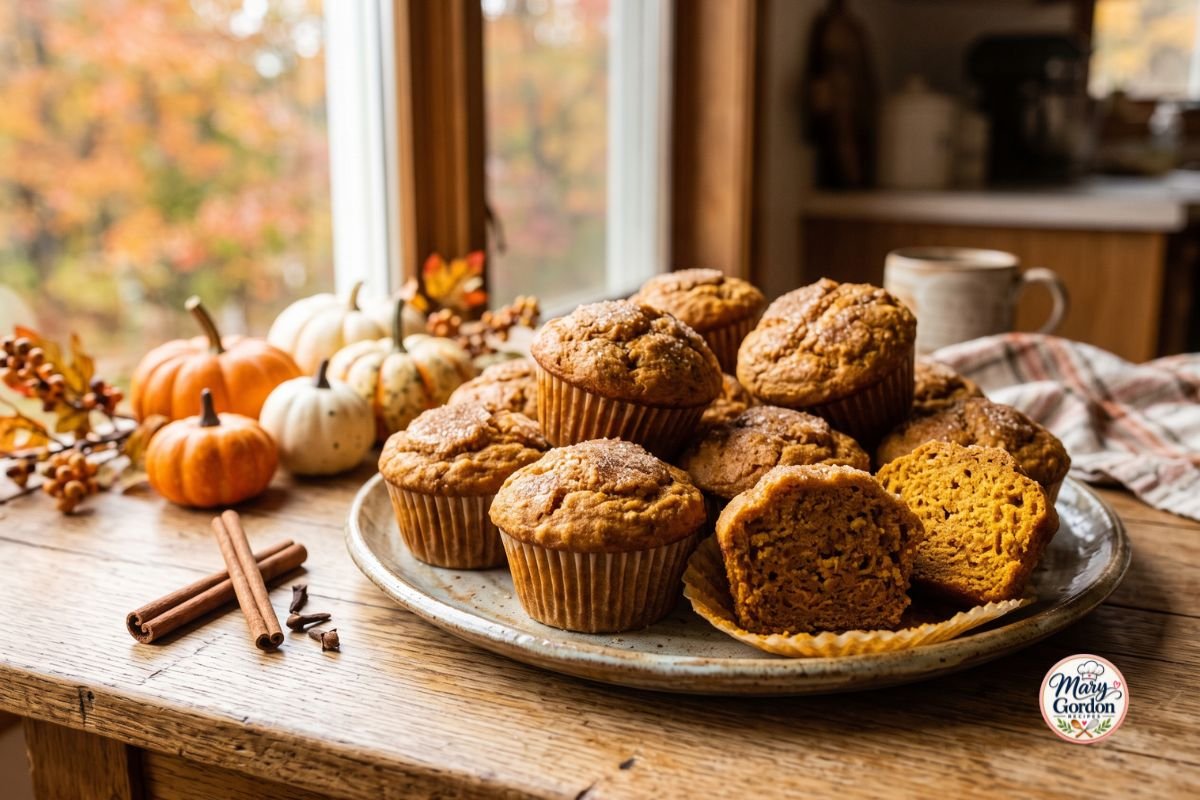 Soft homemade pumpkin muffins with warm spices served on a rustic plate