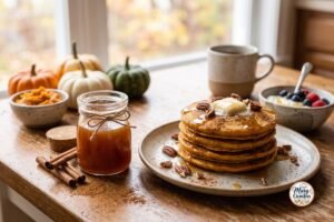 Homemade pumpkin spice syrup in a glass jar with pumpkin pancakes