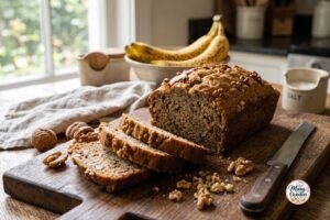 Homemade banana nut bread with walnuts sliced on a wooden cutting board