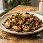 Crispy roasted Brussels sprouts with bacon, golden brown edges, and savory seasoning served on a ceramic plate.