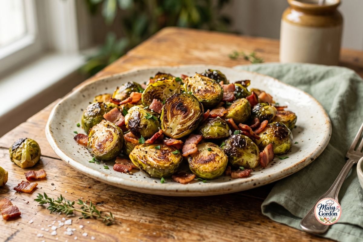 Crispy roasted Brussels sprouts with bacon, golden brown edges, and savory seasoning served on a ceramic plate.