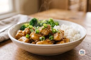 Slow cooker honey garlic chicken coated in a glossy sweet and savory sauce with green onions and sesame seeds