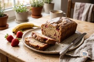 Soft homemade strawberry banana bread sliced with fresh strawberries and ripe bananas