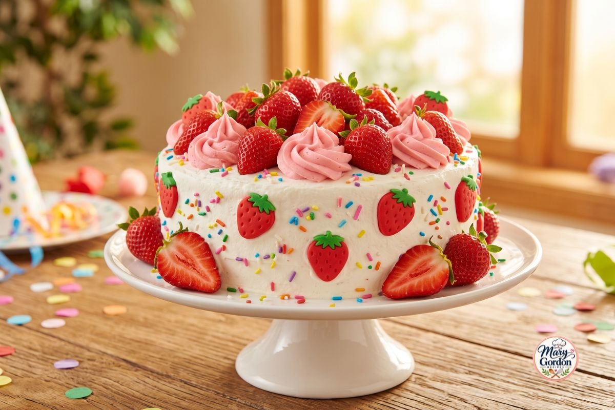 Strawberry-themed cartoon-style cake decorated with fresh strawberries and colorful frosting