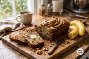 Super moist banana bread recipe with sliced bananas and walnuts