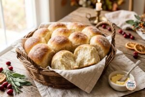 Soft homemade Thanksgiving dinner rolls with golden tops and melted butter