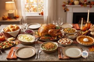 Traditional Thanksgiving food spread with roast turkey, mashed potatoes, stuffing and holiday side dishes