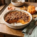 Thanksgiving sweet potato casserole with creamy sweet potatoes and crunchy pecan topping in a baking dish