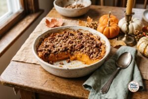 Thanksgiving sweet potato casserole with creamy sweet potatoes and crunchy pecan topping in a baking dish
